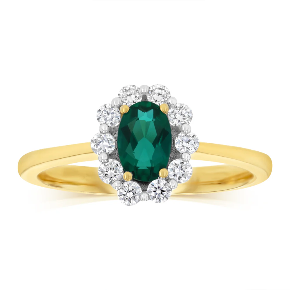 0.27 Carat Luminesce Lab Grown Diamond and Created Emerald Ring in 9ct Yellow Gold