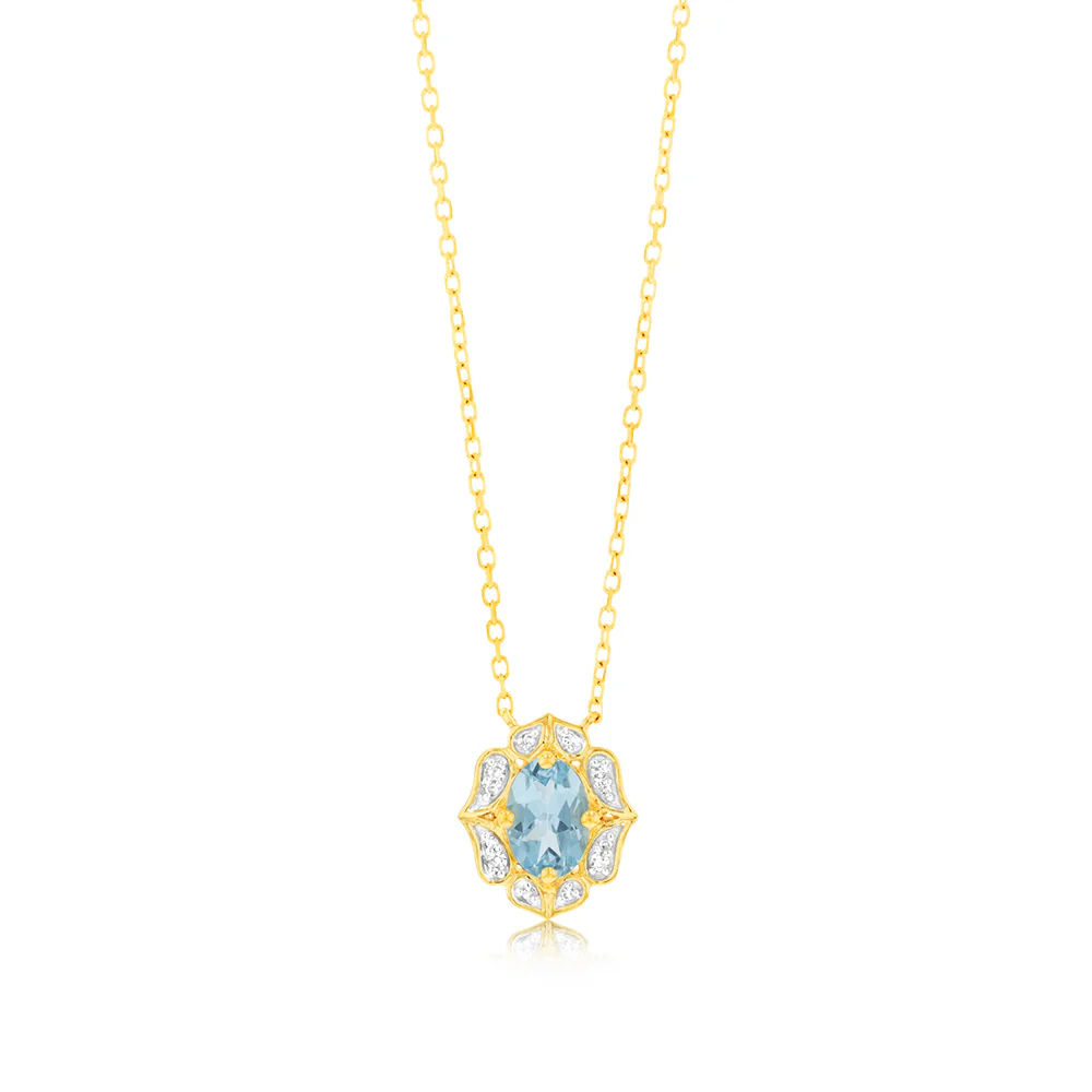 0.55 Carat Blue Topaz Oval and Diamond Pendant with 45m Chain in 9ct Yellow Gold