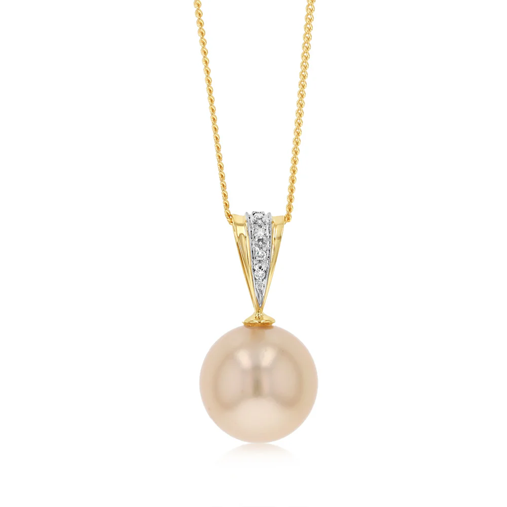11-12MM Golden South Seal Pearl Pendant with 3 Diamonds in 9ct Yellow Gold on 45cm Chain