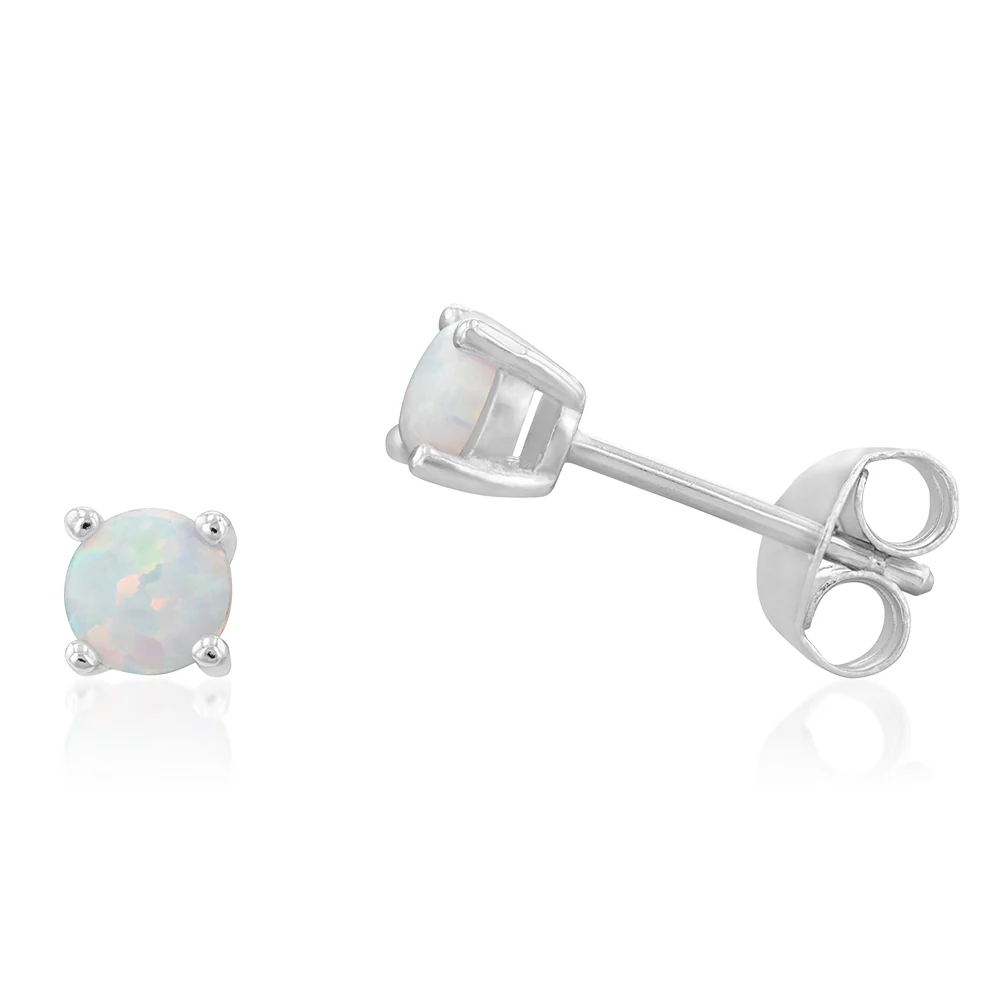 4mm Created White Opal Stud Earrings in Sterling Silver