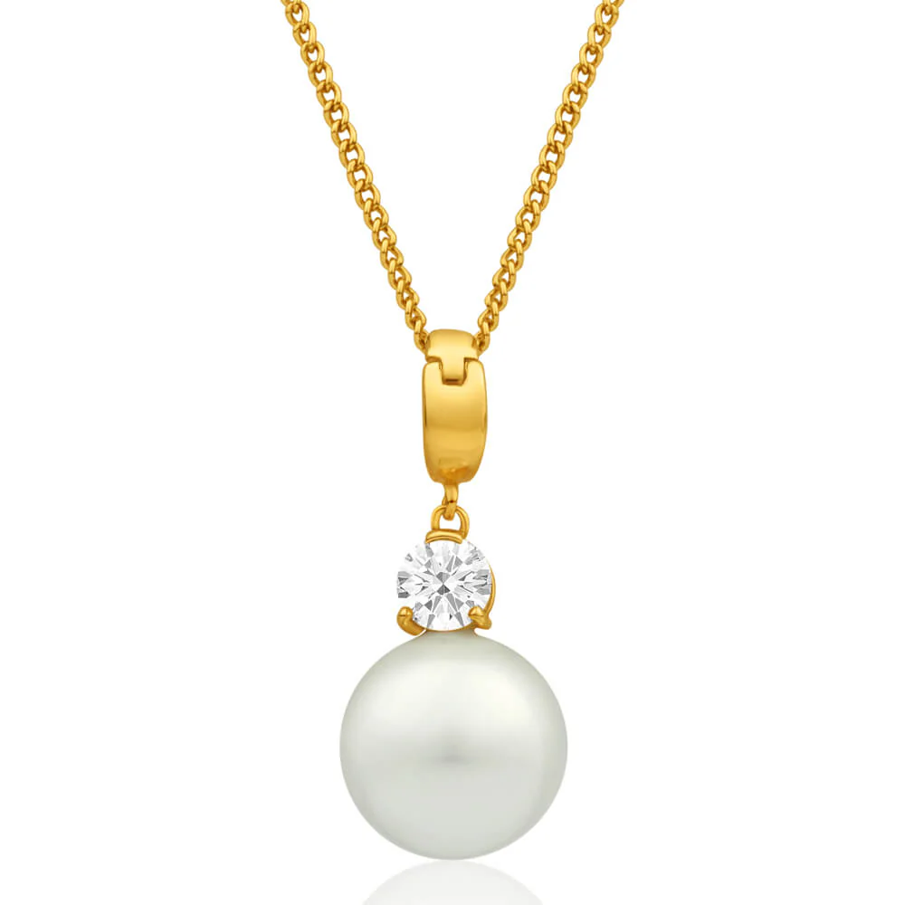9ct Alluring Yellow Gold Cubic Zirconia and 12mm Simulated Pearl Pendant