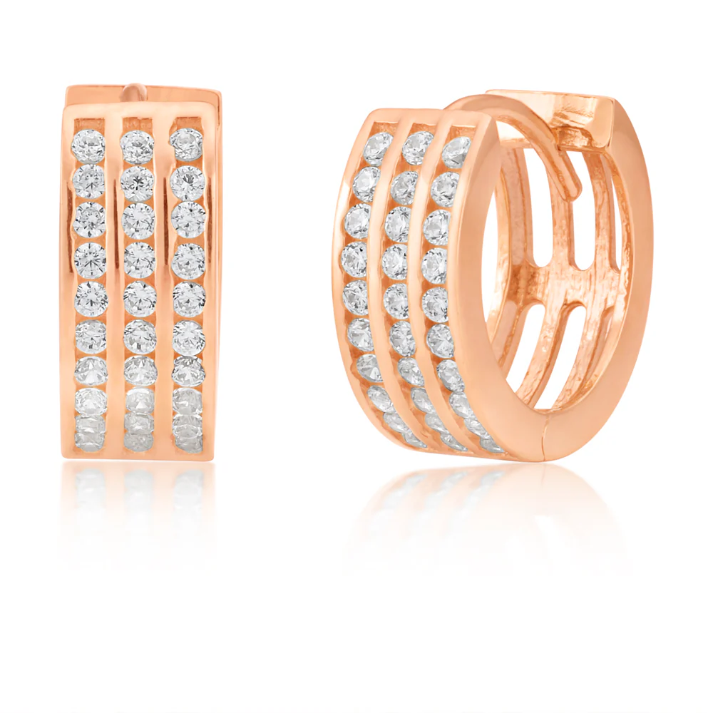 9ct Rose Gold 3 Row Zirconia Huggies - Image 2