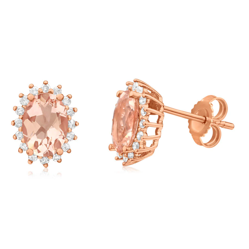 9ct Rose Gold Diamond + 7x5mm Morganite Cluster Stud Earrings