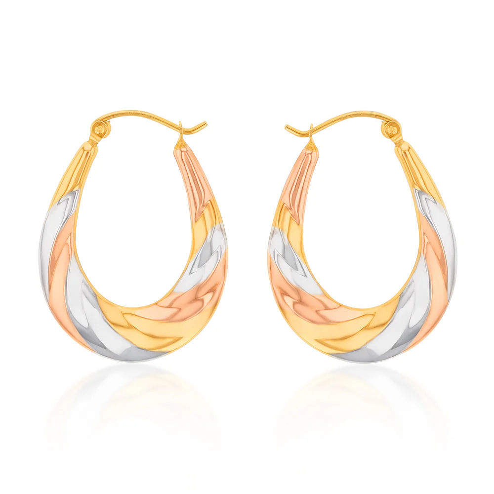 9ct three tone gold 13mm creoles with a twist