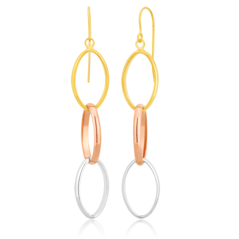 9ct Three Tone Gold Silver Filled Triple Circle 40mm Drops Earrings