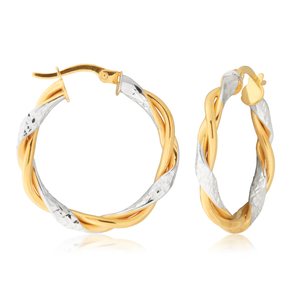 9ct Two-Tone Gold-Filled Diamond Cut Twist Hoop Earrings