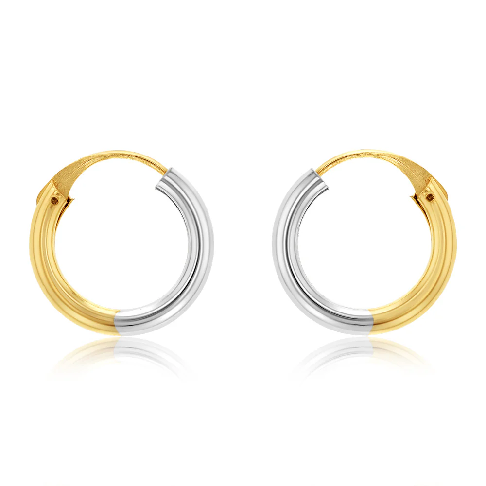9ct White And Yellow Gold Two Tone 12mm Sleeper Earrings