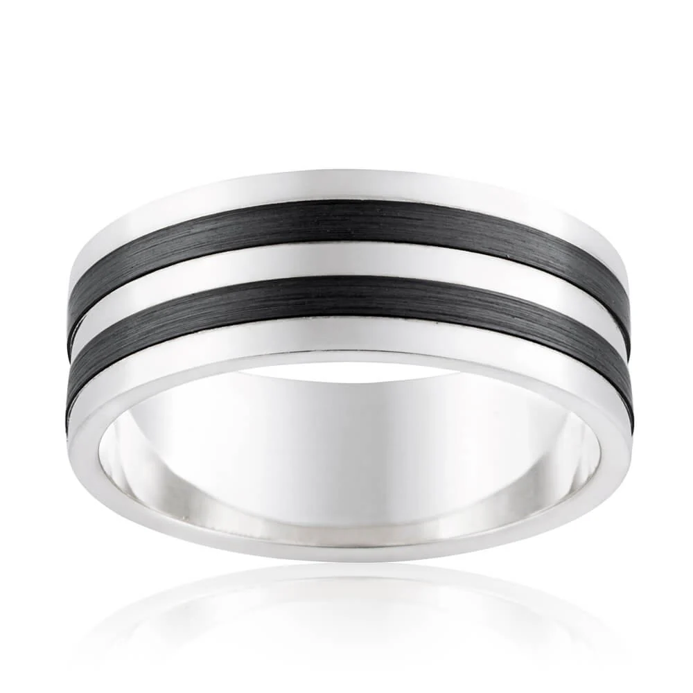 9ct White Gold and Zirconium 8mm Gents Ring
