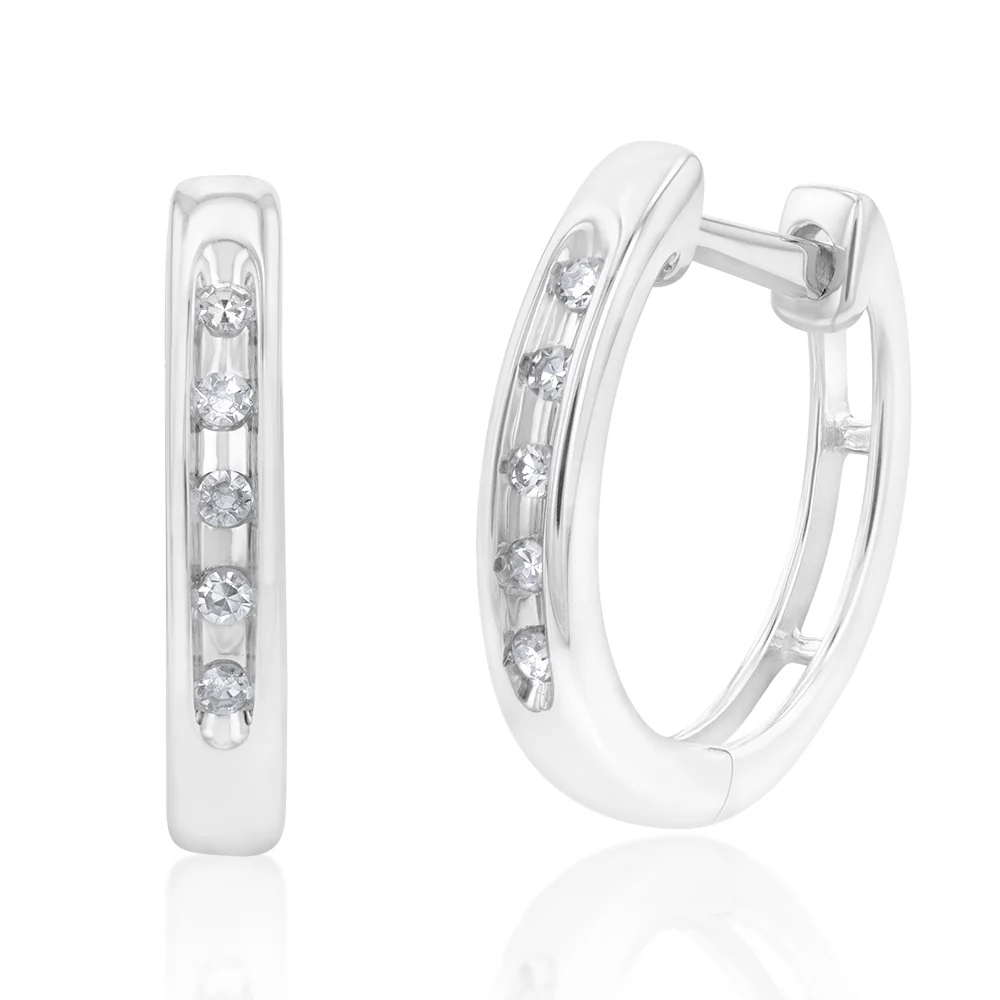 9ct White Gold Diamond Hoop Huggie Earrings - Image 2