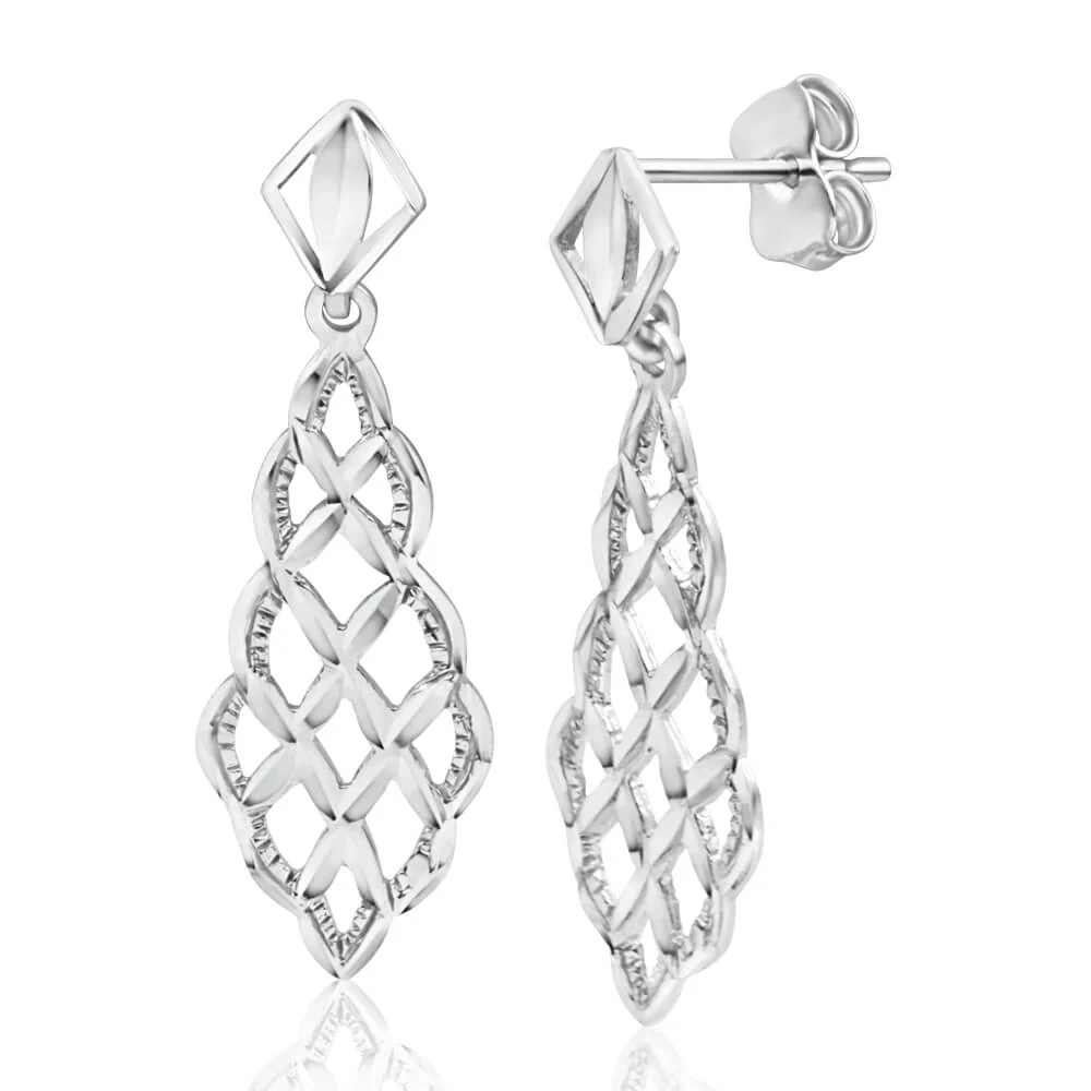 9ct White Gold Filigree Cutouts Stud Drop Earrings - Image 2