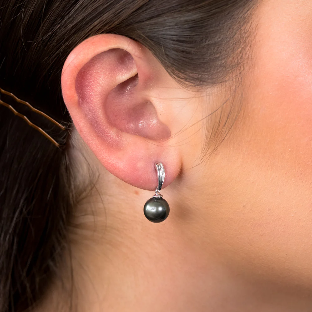 9ct White Gold Tahitian Pearl & Diamond  Drop Earrings - Image 2