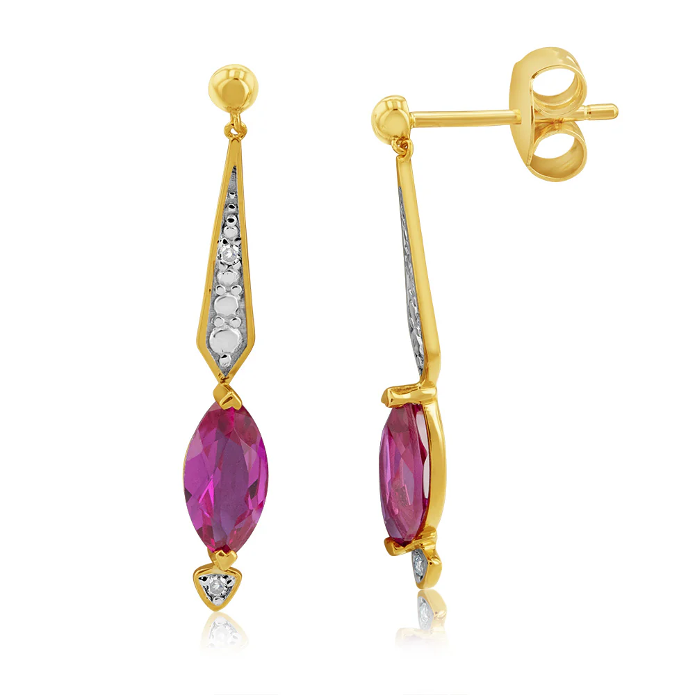9ct Yellow And White Gold Created Ruby And Diamond Drop Earrings