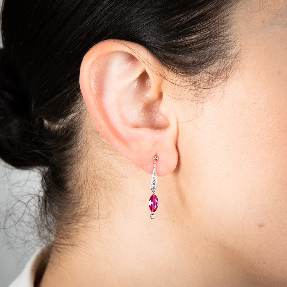 9ct Yellow And White Gold Created Ruby And Diamond Drop Earrings - Image 3