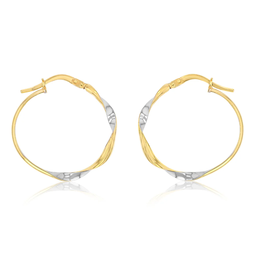 9ct Yellow And White Two Tone Gold Silverfilled Twisted Hoop Earrings