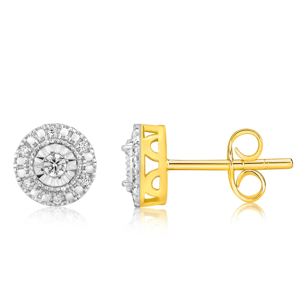 9ct Yellow Gold 1/10 Carat Diamond Round Stud Earrings
