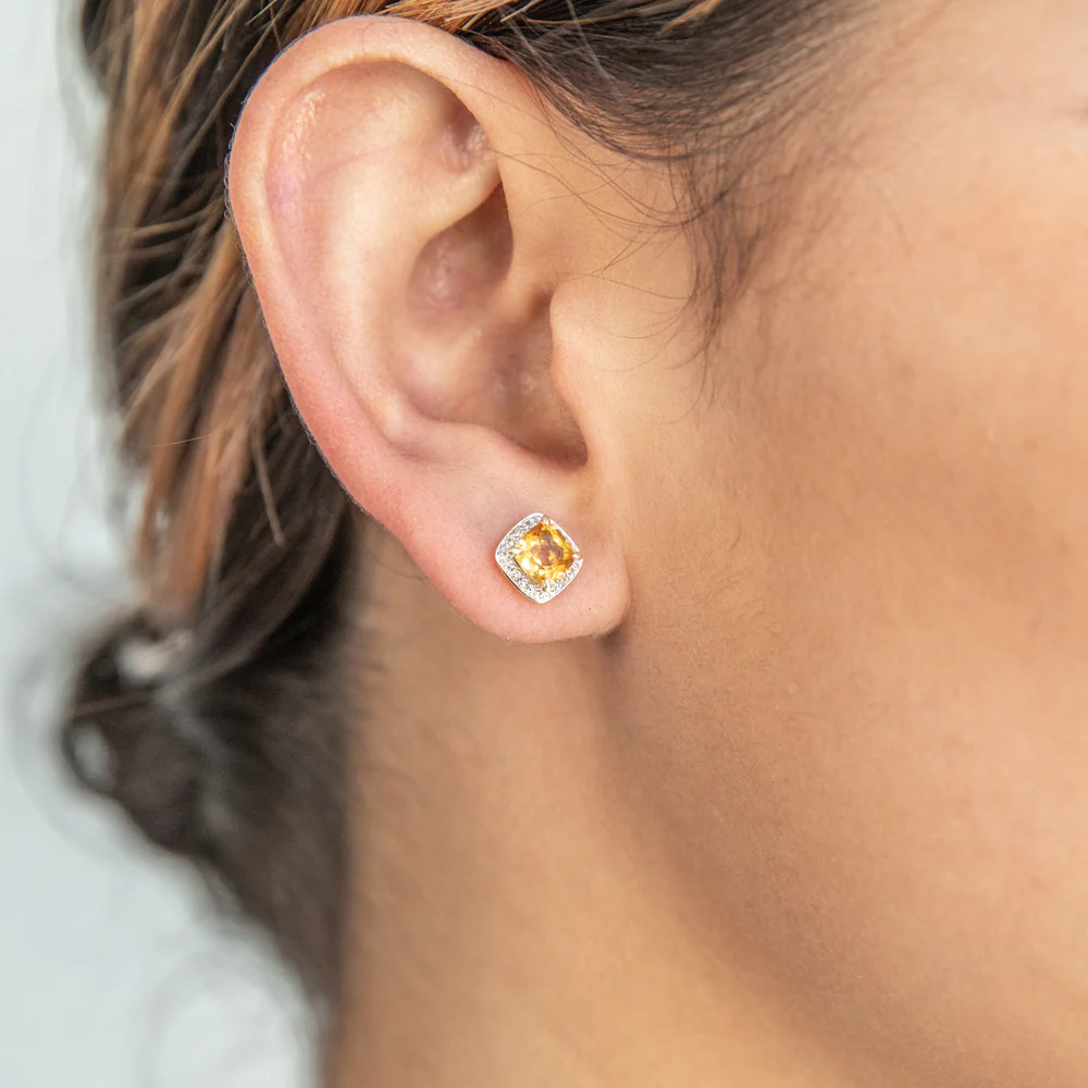 9ct Yellow Gold 1/2ct Citrine and Diamond Cushion Cut Stud Earrings - Image 2