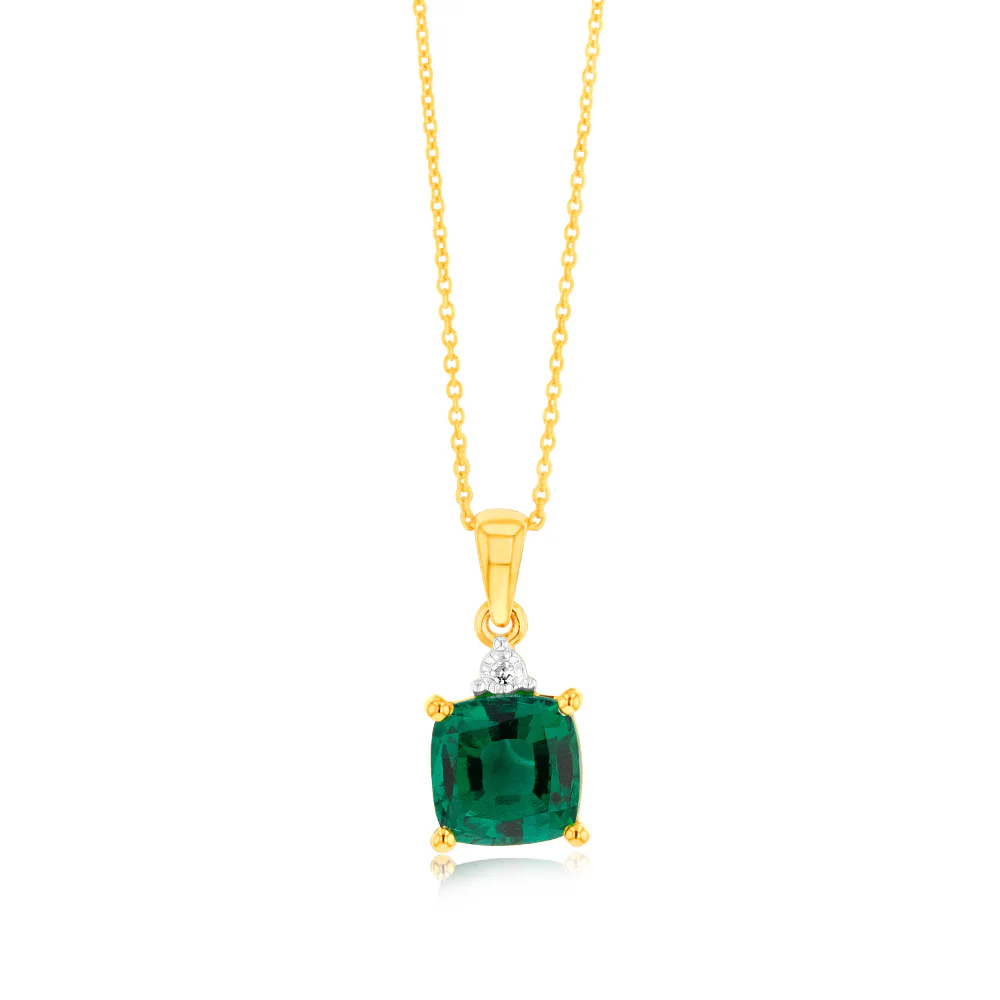 9ct Yellow Gold 1.35 Carat Created Emerald and Diamond Pendant On 45cm Chain