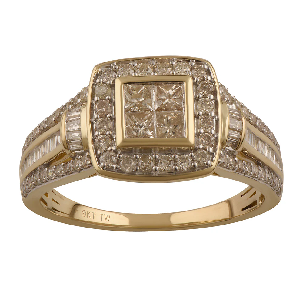 9ct Yellow Gold 1 Carat Diamond Ring with Princess Brilliant and Baguette Diamonds