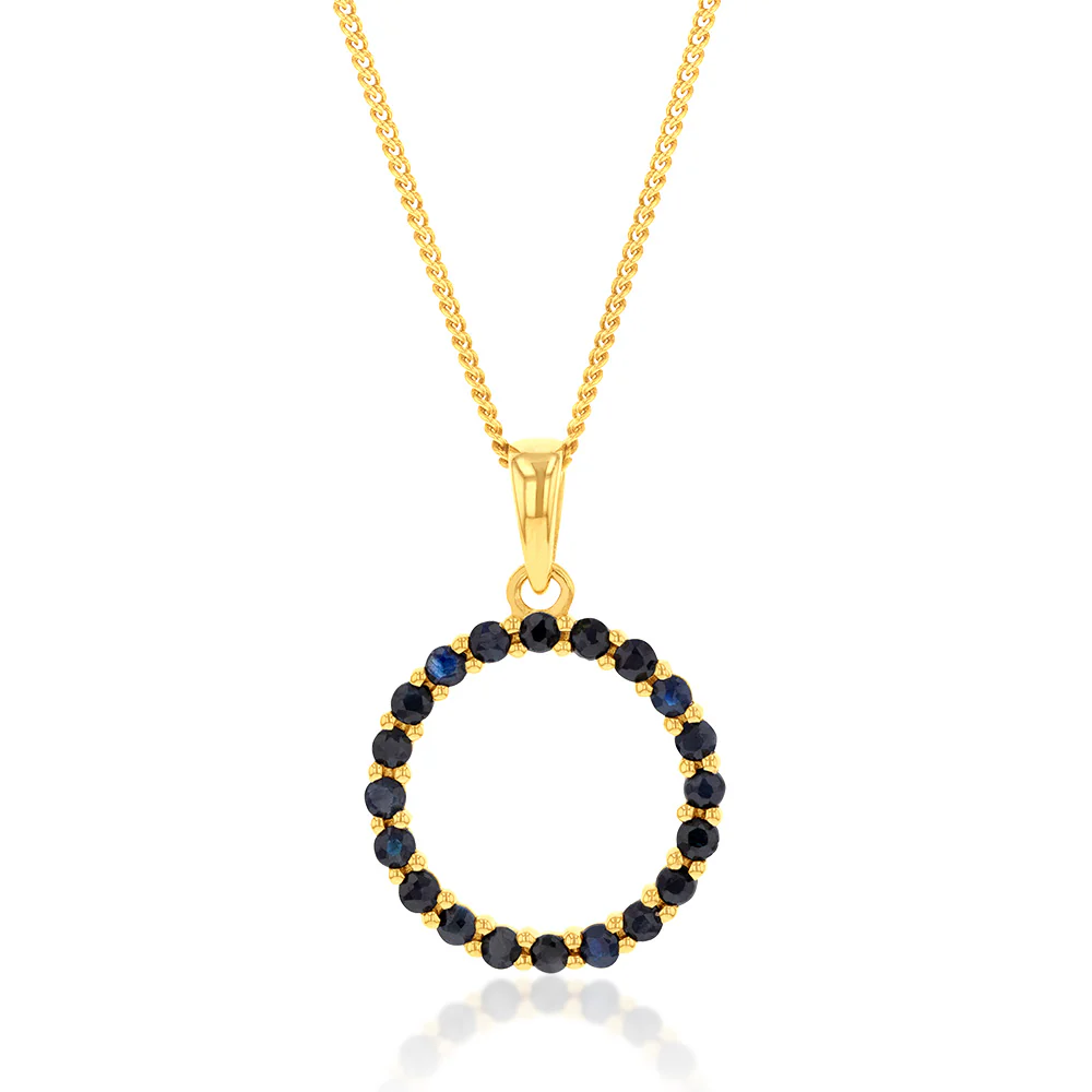 9ct Yellow Gold 15mm Natural Black Sapphire Circle of Life Pendant