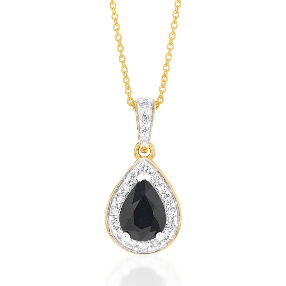 9ct Yellow Gold 1ct Natural Sapphire Pear Halo Pendant with 0.15 Carat Diamond on 45cm Chain
