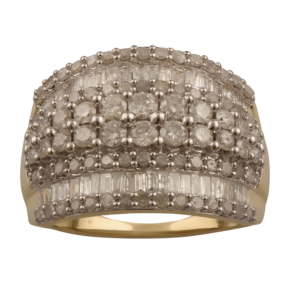 9ct Yellow Gold 2 Carat Diamond Ring with Brilliant and Baguette Cut Diamonds