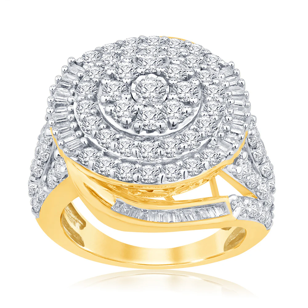 9ct Yellow Gold 3 Carat Diamond Round Cluster Ring with Brilliant Diamonds