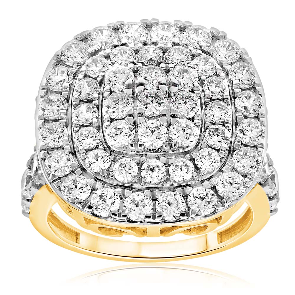 9ct Yellow Gold 4 Carat Diamond Cushion Shape Cluster Ring