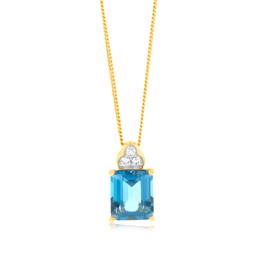 9ct Yellow Gold 5.6ct London Blue Topaz in Emerald Cut and 1/10 Carat Diamond Pendant