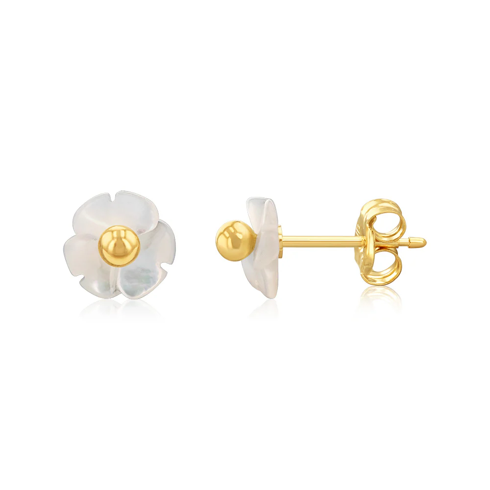 9ct Yellow Gold 6mm Mother Of Pearl Flower Stud Earrings