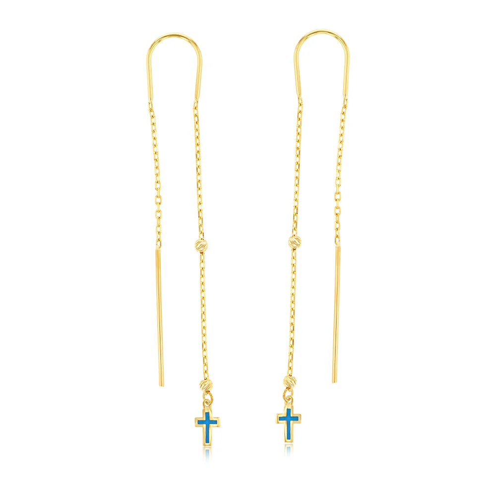 9ct Yellow Gold Blue Enamel Cross On Threader Earrings