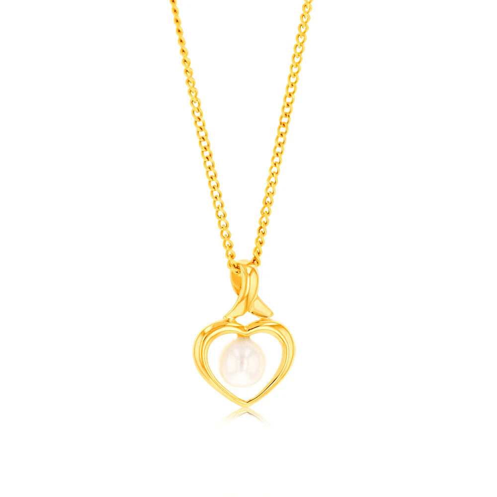 9ct Yellow Gold Created 4.5mm Cultured Pearl Heart Shaped Pendant