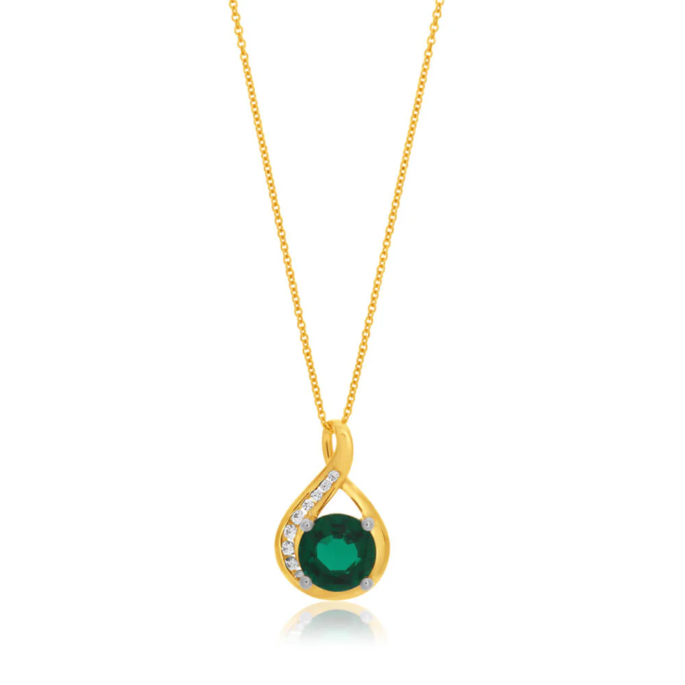 9ct Yellow Gold Created Emerald and Zirconia Pendant With 45cm Chain - Image 2