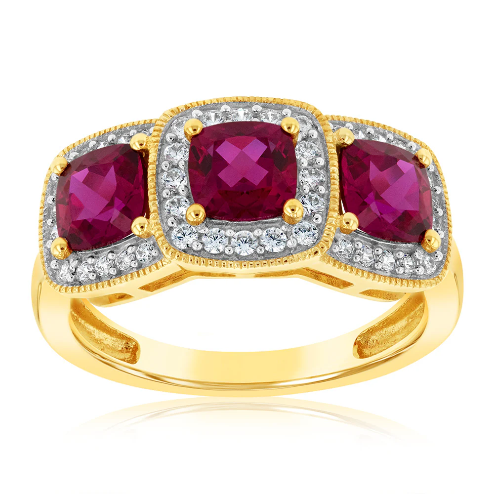 9ct Yellow Gold Cubic Zirconia And Created Ruby Ring