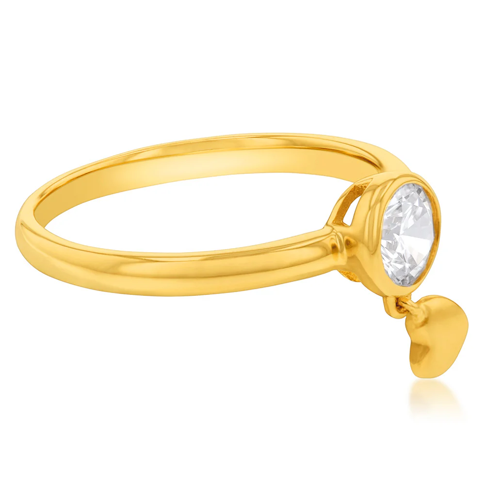9ct Yellow Gold Cubic Zirconia And Dangling Heart Charm Ring - Image 3