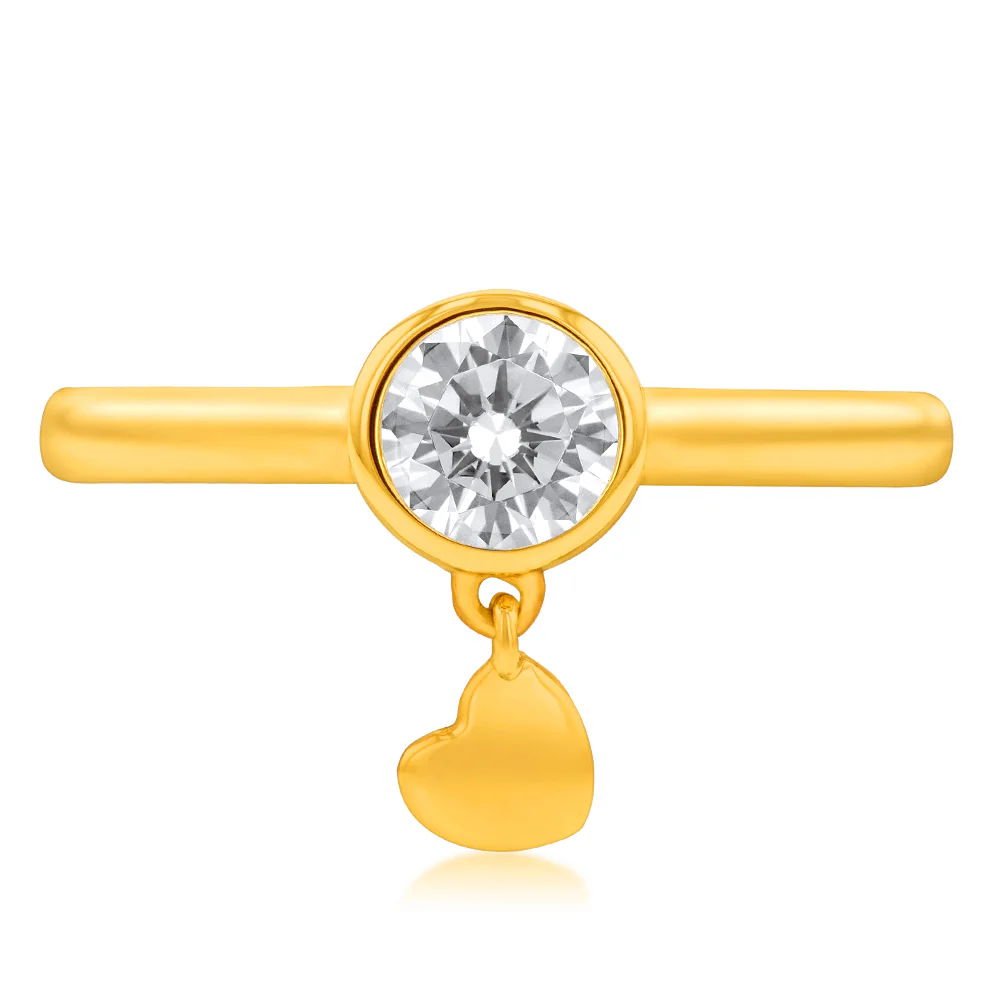9ct Yellow Gold Cubic Zirconia And Dangling Heart Charm Ring - Image 4