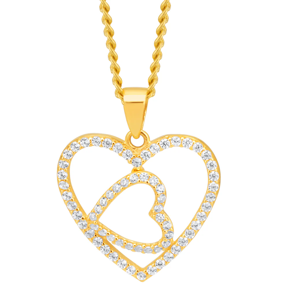 9ct Yellow Gold Cubic Zirconia Double Heart Pendant