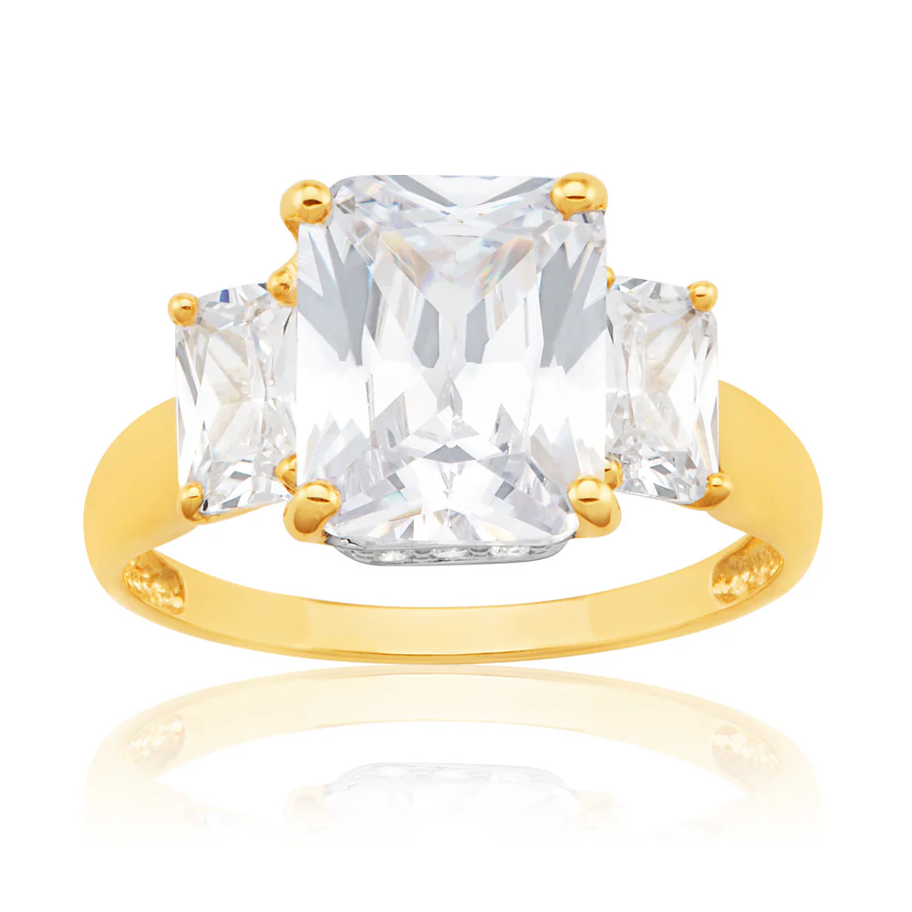 9ct Yellow Gold Cubic Zirconia Emerald Shape Trilogy Ring