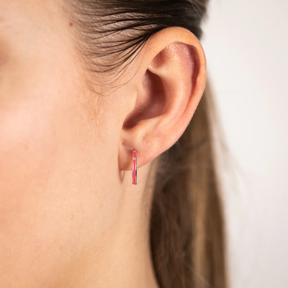 9ct Yellow Gold Dark Pink Enamel On Sleeper Hoop Earrings - Image 2