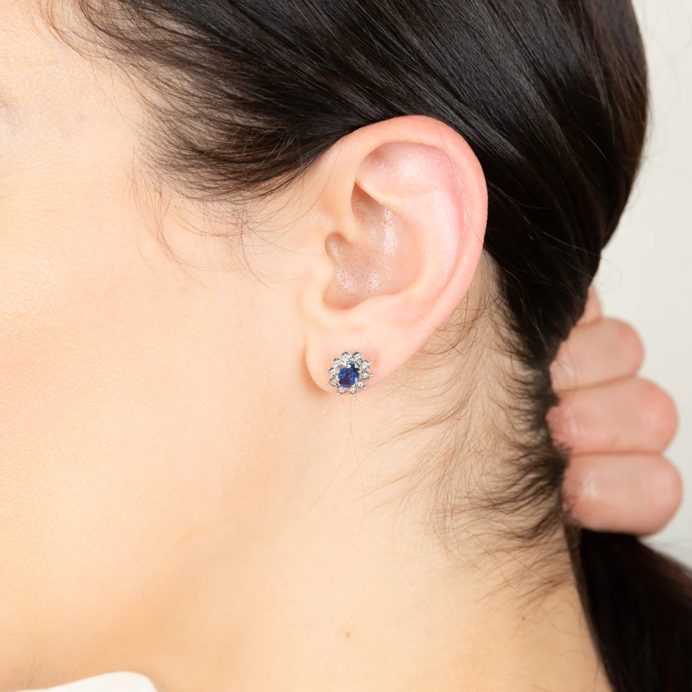 9ct Yellow Gold Diamond And Created Pear Sapphire Stud Earrings - Image 3