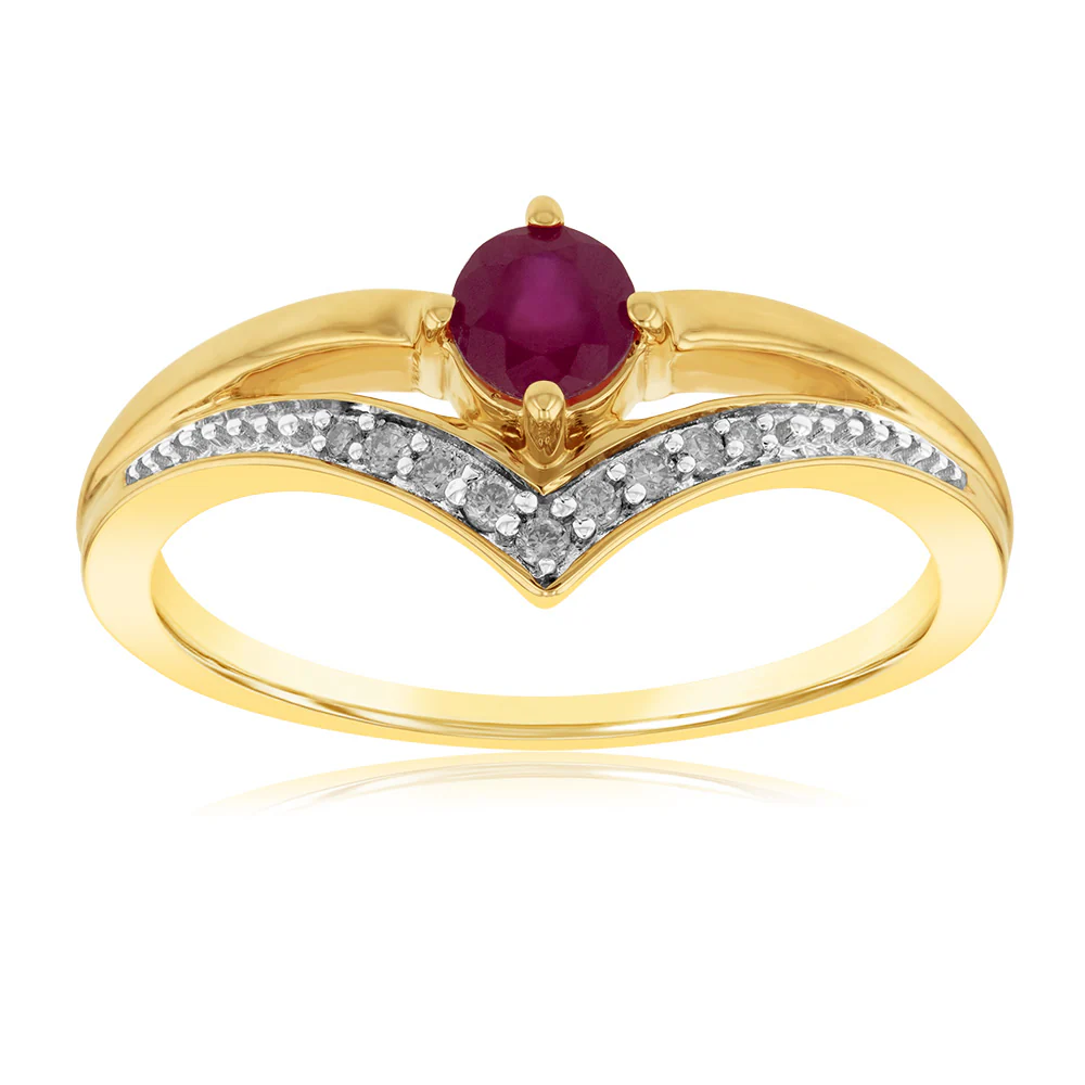 9ct Yellow Gold Diamond And Created Round Ruby Ring