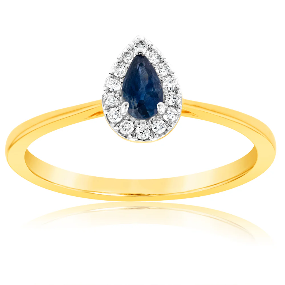 9ct Yellow Gold Diamond And Pear Sapphire Ring