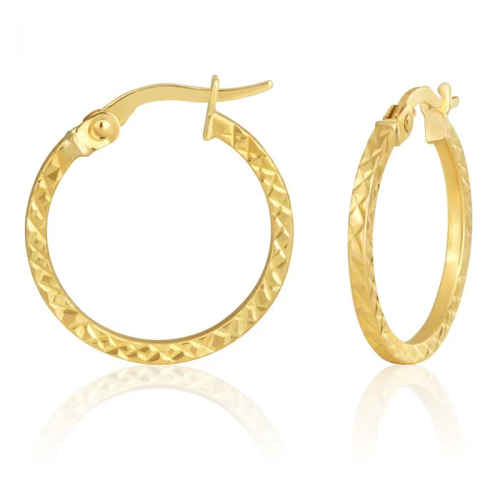 9ct Yellow Gold Diamond Cut 15mm Hoop Earrings
