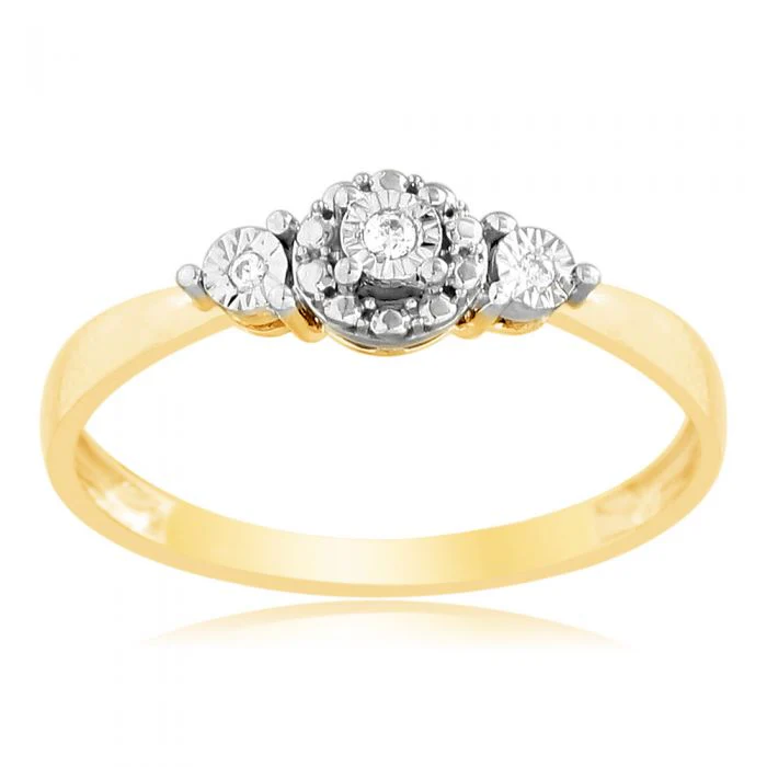 9ct Yellow Gold Diamond Trilogy Ring with 3 Brilliant Diamonds in Disc Setting