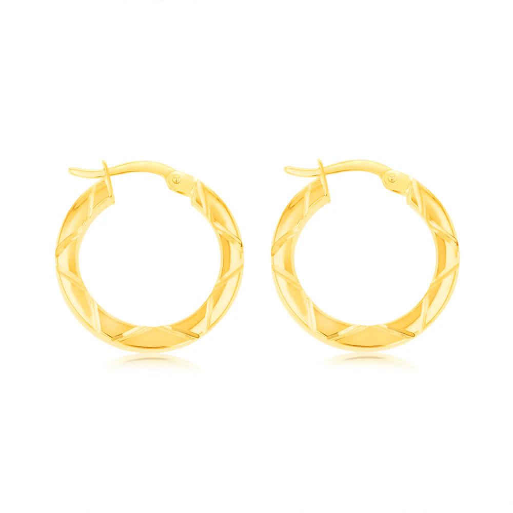 9ct Yellow Gold Double Side Diamond Cut 15mm Hoop Earrings