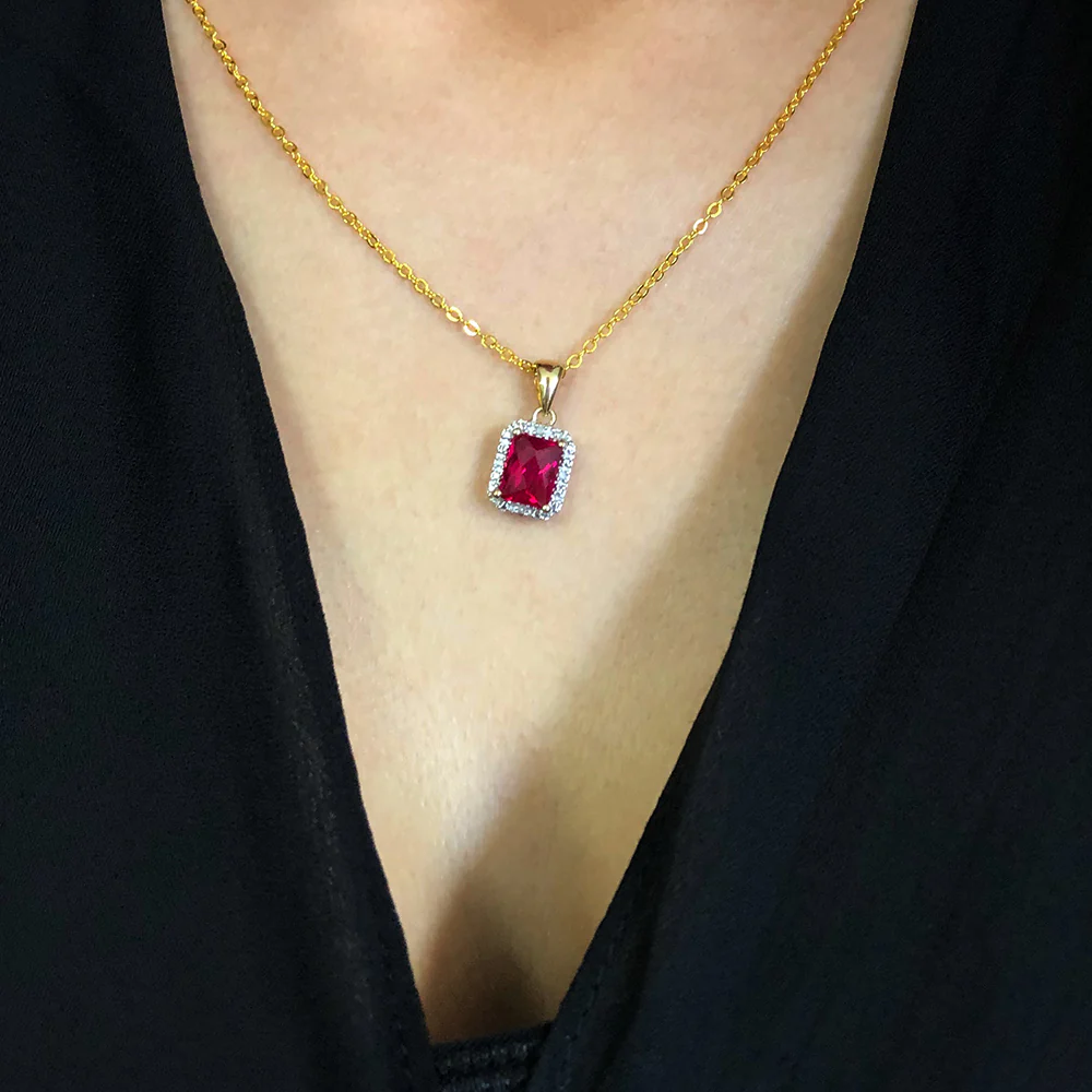 9ct Yellow Gold Emerald Cut Created Ruby And Diamond Halo Pendant & Gold Plated Chain - Image 2