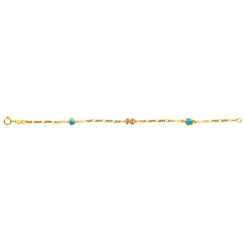 9ct Yellow Gold Figaro 1:3 Heart Kids Beads 15cm Bracelet - Image 2