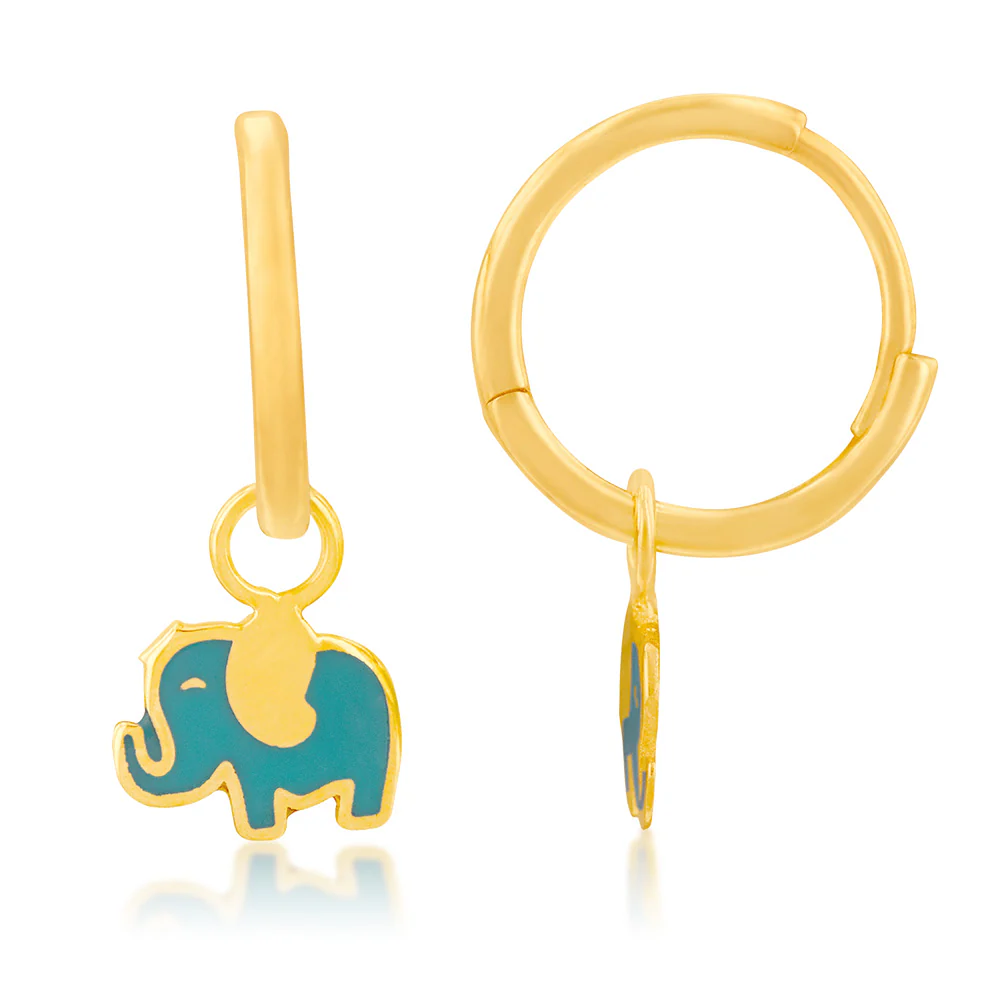 9ct Yellow Gold Green Elephant Dangling On Sleeper Earrings - Image 2