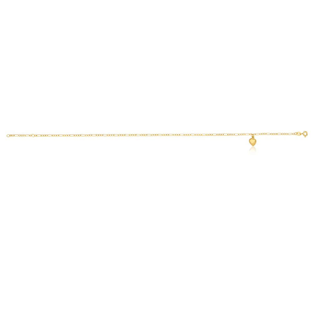 9ct Yellow Gold Heart Charm 3:1 Figaro 29cm Anklet