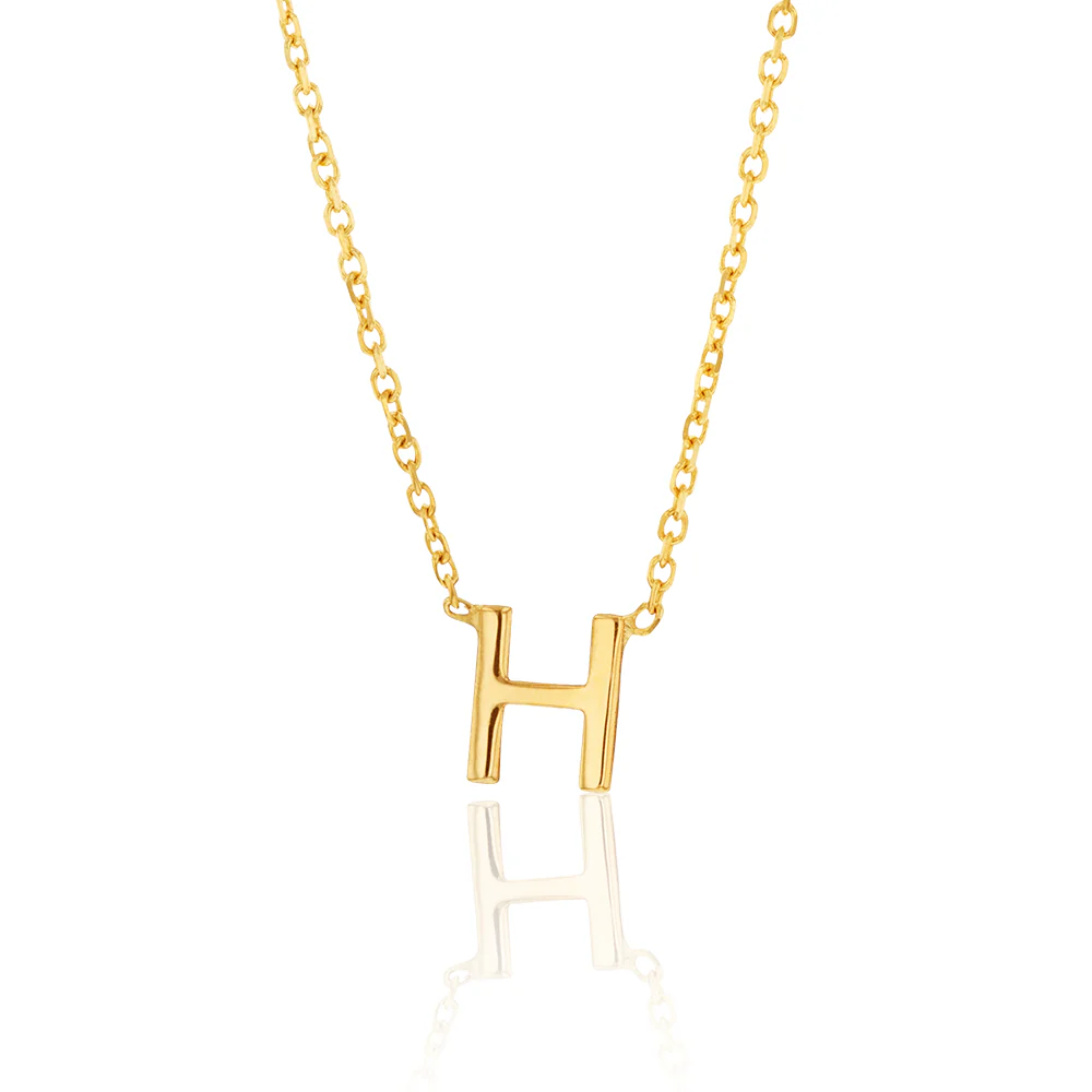9ct Yellow Gold Initial "H" Pendant On 43cm Chain