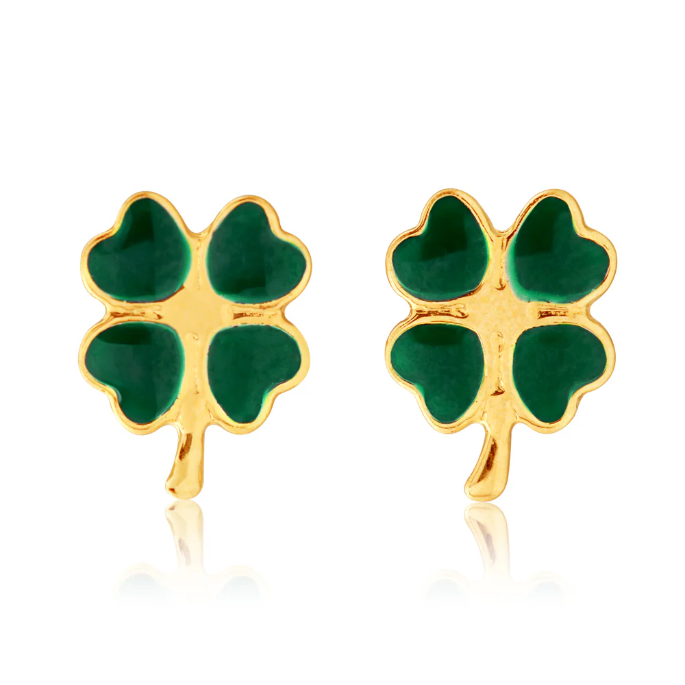 9ct Yellow Gold Lacquerized Green Saint Patrick's Stud Earrings - Image 2